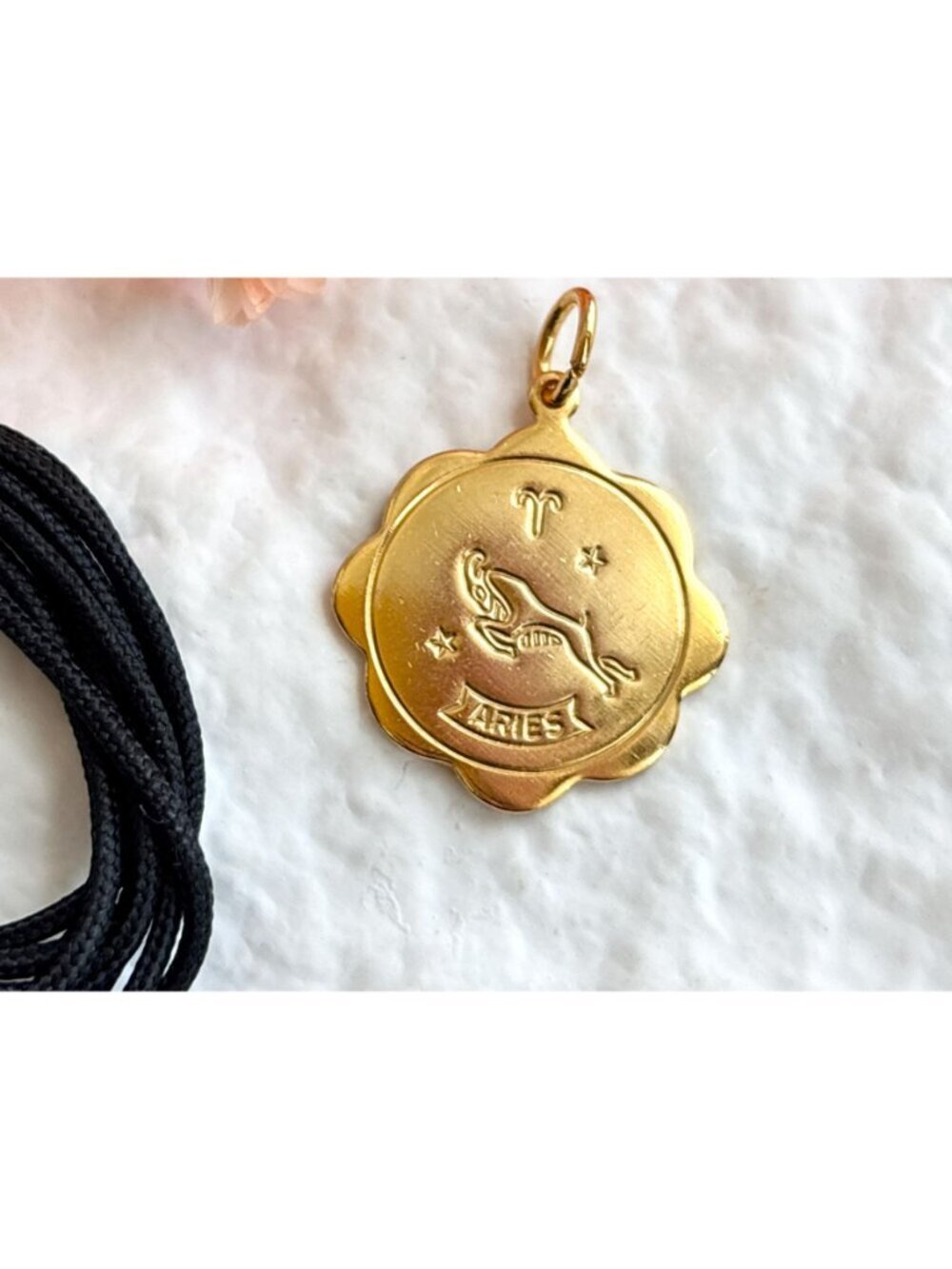 Aries Zodiac Scalloped Gold Toned Vintage Pendant Necklace w/ Black Rope - 26" - Picture 10 of 16